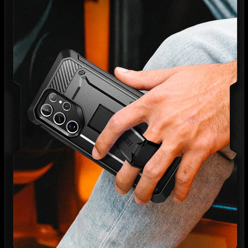 Etui pancerne z osłoną na ekran, z wbudowaną podstawką i kaburą z klipsem obrotowym Supcase Unicorn Beetle Pro do Galaxy S22 Ultra
